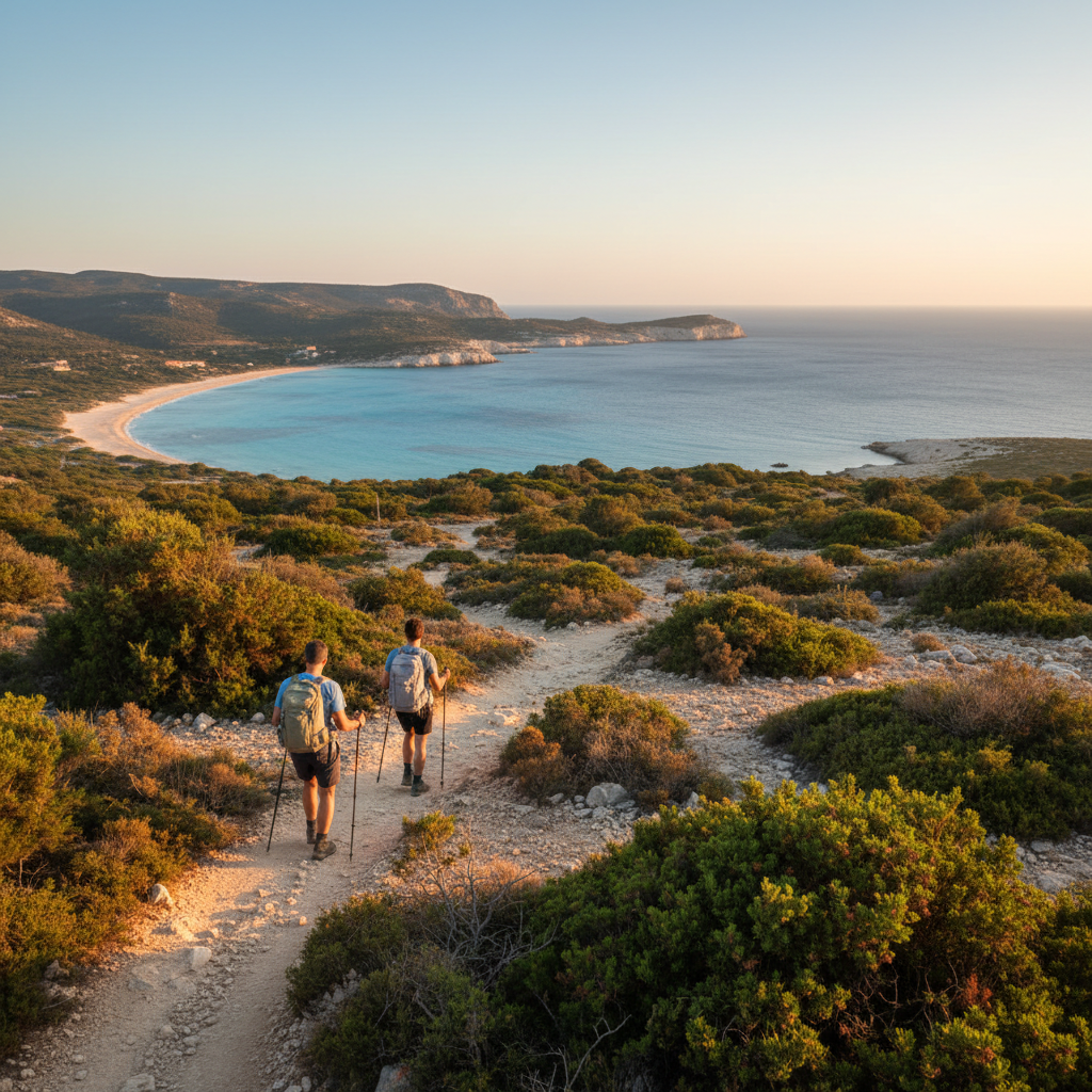 Coppia in trekking facile Sardegna al tramonto: sentiero costiero con macchia mediterranea, vista mare turchese e falesie da itinerario principianti vicino Cagliari .